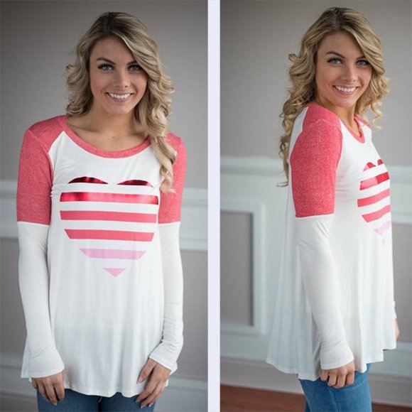 Pulse Boutique Tops - Pink Valentine Heart Long Sleeve White Shirt Top